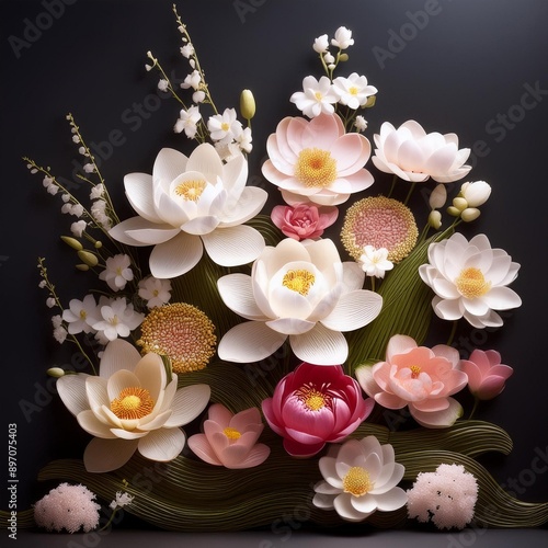 A Japanese flower arrangement using Lotus Blossom, Cherry Blossom, Orchid, and Baby’s Breath