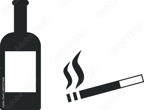Vices Simplified: Bottle and Cigarette Icons.
alcohol, smoking, vice, addiction, bottle, cigarette, drink, tobacco, habit, lifestyle, silhouette, icon, symbol, black and white, monochrome, vector.