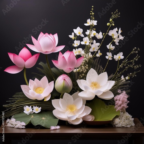 A Japanese flower arrangement using Lotus Blossom, Cherry Blossom, Orchid, and Baby’s Breath