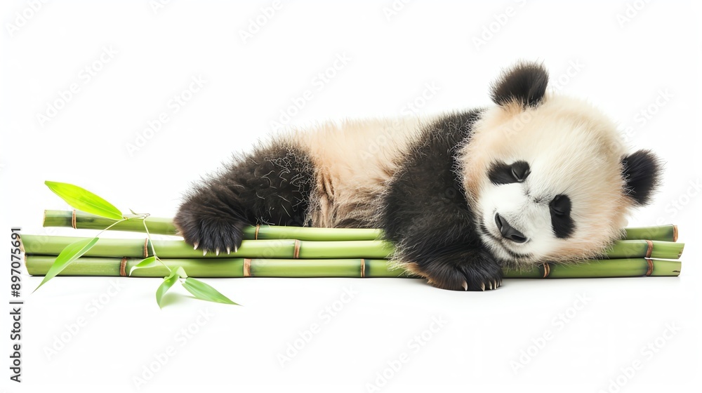 Fototapeta premium Charming of a sleepy panda cuddling a bamboo shoot, single object isolated on a white backdrop Perfect for soft, serene nursery artwork