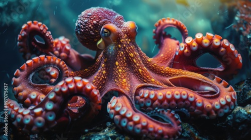 Octopus with orange tentacles and white dots on its head, Animal background © kramynina