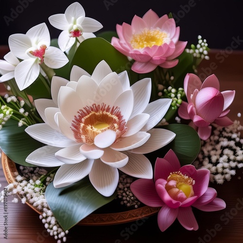 A Japanese flower arrangement using Lotus Blossom, Cherry Blossom, Orchid, and Baby’s Breath