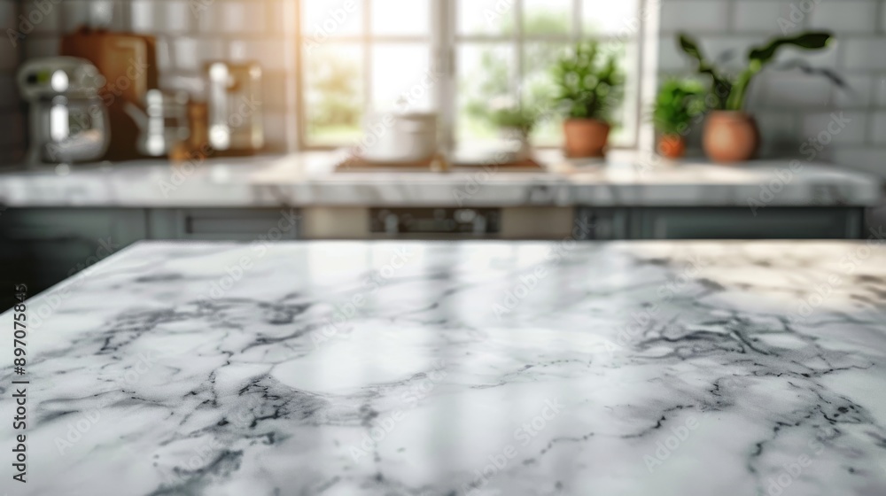 White Marble Countertop with Blurry Kitchen Background White Marble Countertop with Blurry Kitchen Background