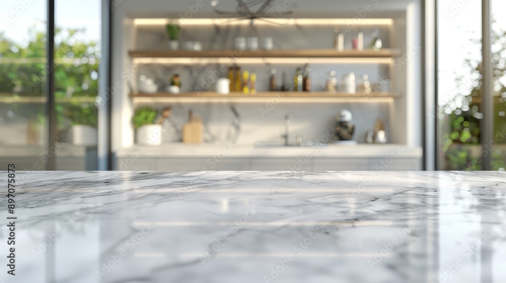 Obraz premium White Marble Countertop with Blurred Kitchen Background