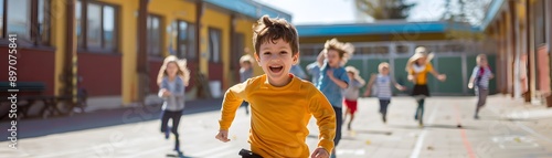Group of happy kids running and playing outside at a school playground, capturing the joy of childhood and outdoor activities.