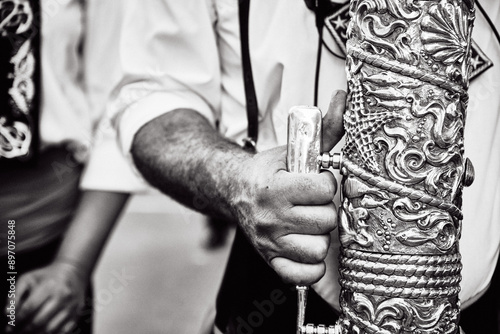 Black and White Detail of a Spanish Holy Week Procession, Religious Tradition and Easter Ceremony