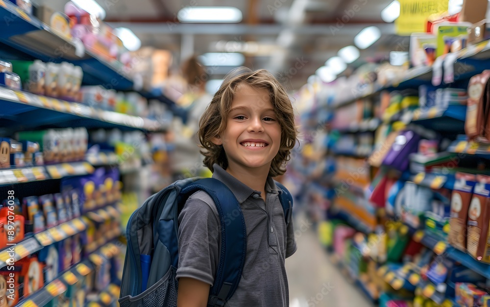Happy boy with a backpack smiling in a grocery store aisle. Shopping, childhood and joyful moments. Happy boy with a backpack smiling in a grocery store aisle. Shopping, childhood and joyful moments.