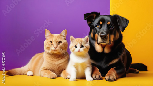 Cute Feline and Canine Duo on Lively Yellow-Purple Backdrop photo