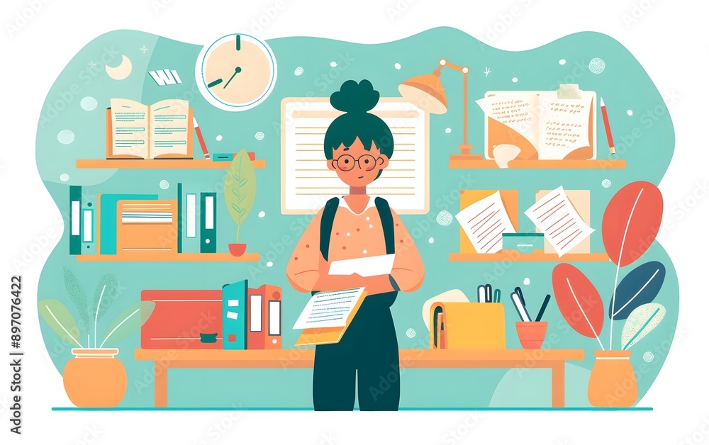 Illustration of a person in a cozy study with books, plants and accessories, depicting a comfortable and organized learning environment. Illustration of a person in a cozy study with books, plants and accessories, depicting a comfortable and organized learning environment.