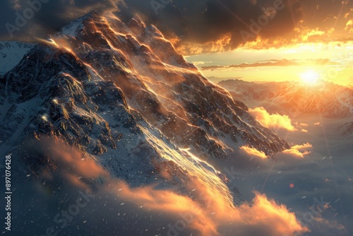 Mountain Light. Sunrise in the Majestic Landscape with Snow-Covered Peaks © AIGen