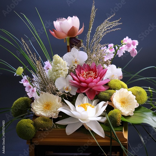 A Japanese flower arrangement using Lotus Blossom, Cherry Blossom, Orchid, and Baby’s Breath