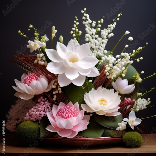 A Japanese flower arrangement using Lotus Blossom, Cherry Blossom, Orchid, and Baby’s Breath