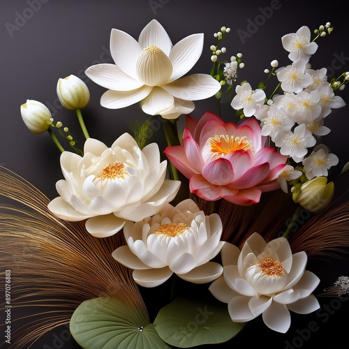 A Japanese flower arrangement using Lotus Blossom, Cherry Blossom, Orchid, and Baby’s Breath