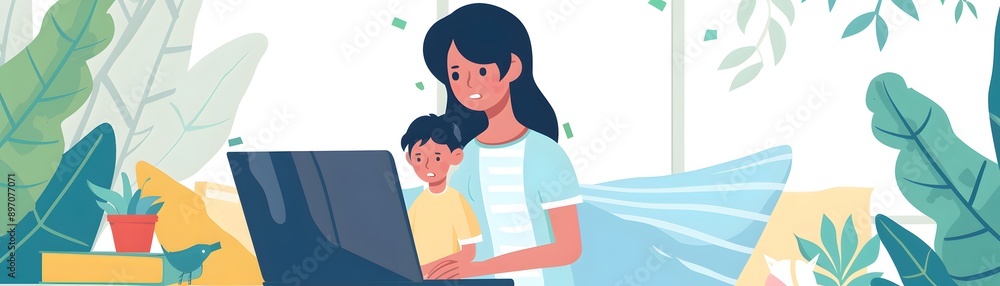 Mother and child using a laptop together in a cozy room with plants and natural light streaming in from outside. Mother and child using a laptop together in a cozy room with plants and natural light streaming in from outside.