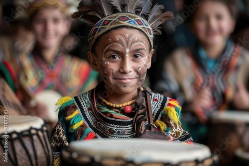 A smiling child with intricate face paint plays traditional drums, surrounded by others in colorful, cultural attire, capturing the essence of a joyful cultural celebration.