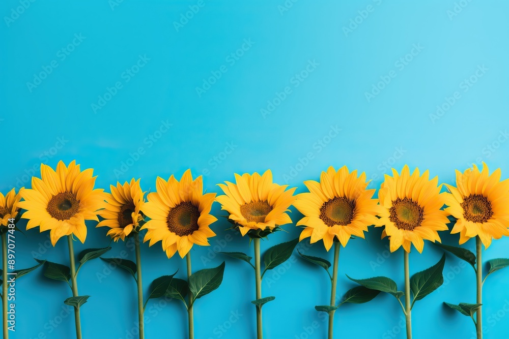 Obraz premium Frame made of blooming sunflowers with green leaves on blue background with copy space. Harvest, agriculture, farming concept. Beautiful floral greeting card, banner, poster. Flat lay, top view