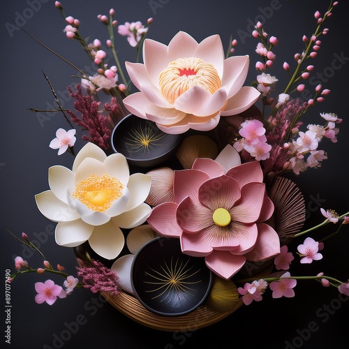 A Japanese flower arrangement using Lotus Blossom, Cherry Blossom, Orchid, and Baby’s Breath