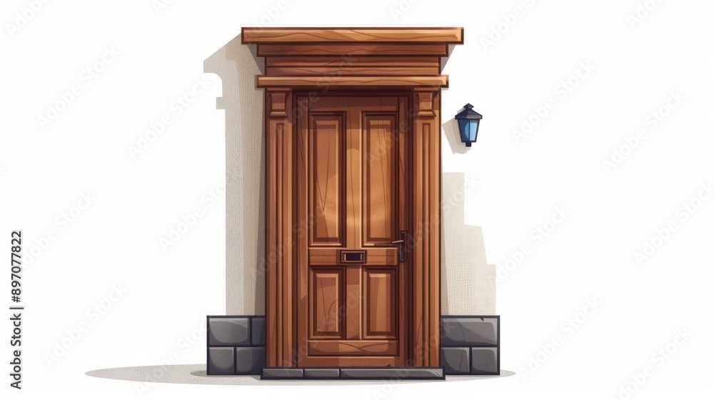 The elegant brown wooden door features a detailed ornate frame and is illuminated by a hanging lantern The elegant brown wooden door features a detailed ornate frame and is illuminated by a hanging lantern