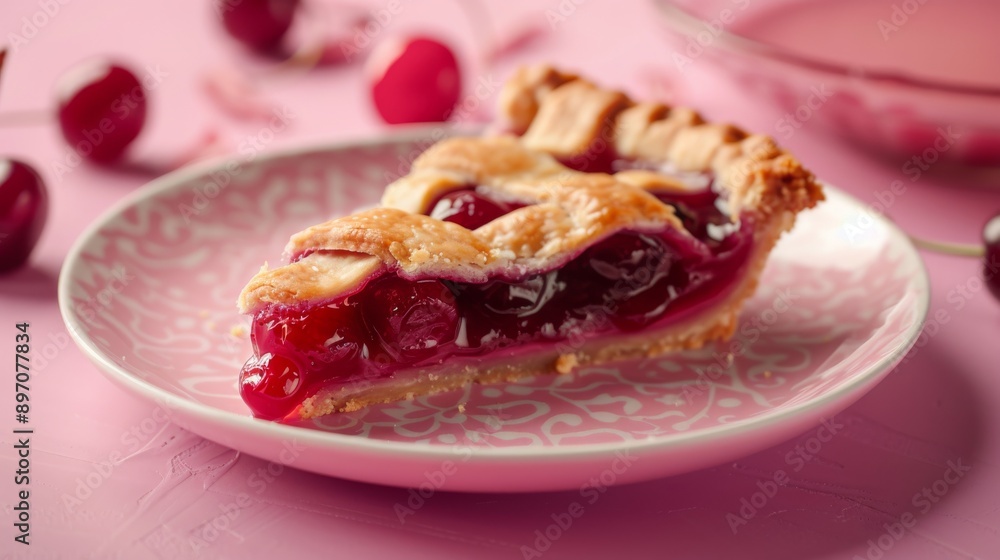 A Slice of Cherry Pie on a Pink Plate A Slice of Cherry Pie on a Pink Plate