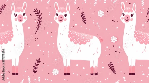 The seamless floral pattern showcases adorable white llamas with pink accents, creating a charming and delightful design