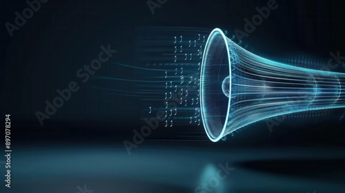 Abstract 3D speaker cones emitting sound waves, music background, powerful and modern