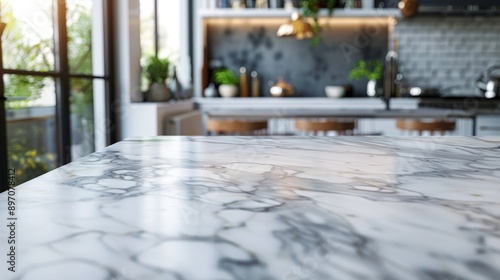 White Marble Kitchen Countertop with Blurred Background