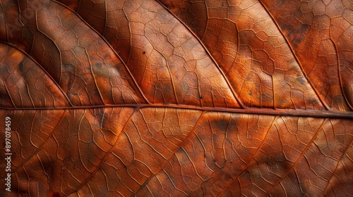 A detailed closeup of a dried teak leaf showcasing its intricate network of veins