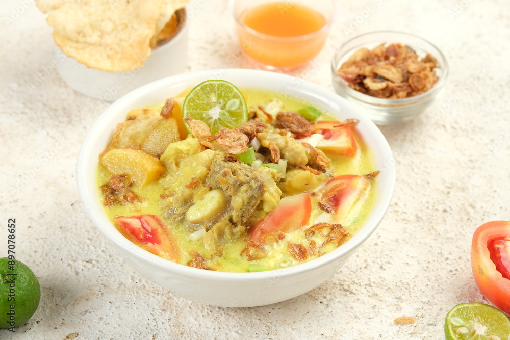 Soto tangkar, Soto Betawi, beef soup are traditional foods from Indonesia.Betawi Cuisine Specialty Soto Made from Lamb or Beef Ribs Cooked in Thin Coconut Milk Soup Spiced Soto tangkar, Soto Betawi, beef soup are traditional foods from Indonesia.Betawi Cuisine Specialty Soto Made from Lamb or Beef Ribs Cooked in Thin Coconut Milk Soup Spiced