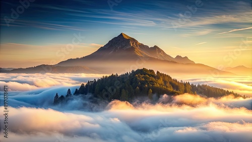 Mountain shrouded in morning fog, mountain, fog, misty, sunrise, nature, landscape, tranquil, serene, scenic, atmospheric