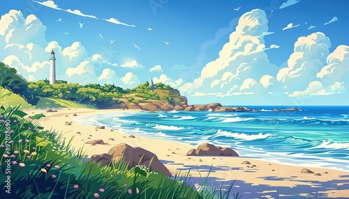 A beautiful beach scene with a lighthouse anime style cartoon