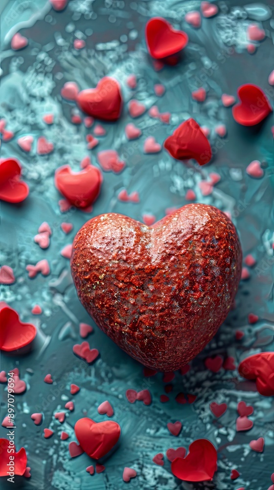 Valentine's Day-themed red heart surrounded by kisses on vibrant backgrounds with copy space image Valentine's Day-themed red heart surrounded by kisses on vibrant backgrounds with copy space image