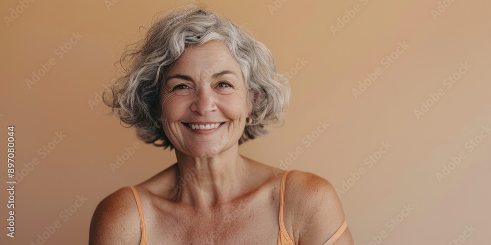 A happy senior woman with grey hair posing for a photo A happy senior woman with grey hair posing for a photo
