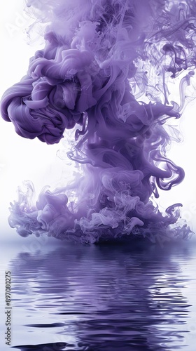 Vibrant purple smoke spreading over water with a white backdrop for a striking visual with copy space image