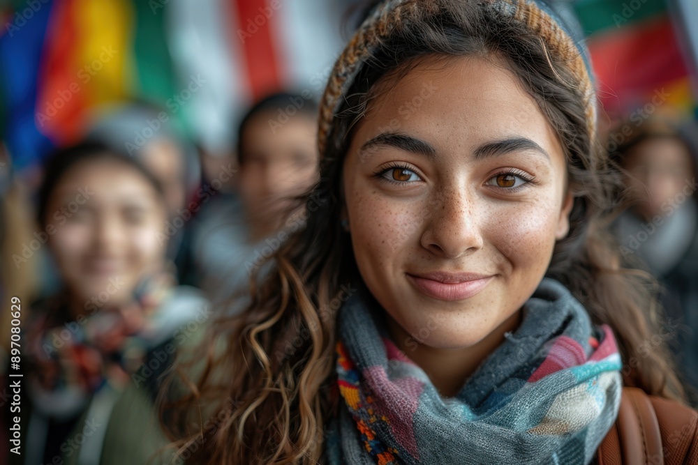 Smiling woman with a scarf and a hat in front of a group of people, Portrait, Volunteers Day Smiling woman with a scarf and a hat in front of a group of people, Portrait, Volunteers Day