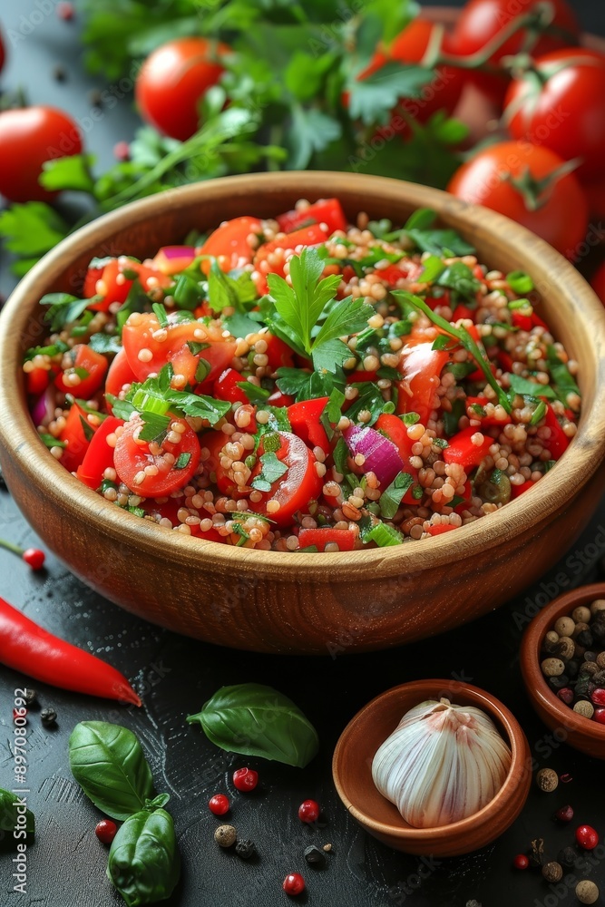 Large bowl of food falling against green background with blue sky and scattered objects Large bowl of food falling against green background with blue sky and scattered objects