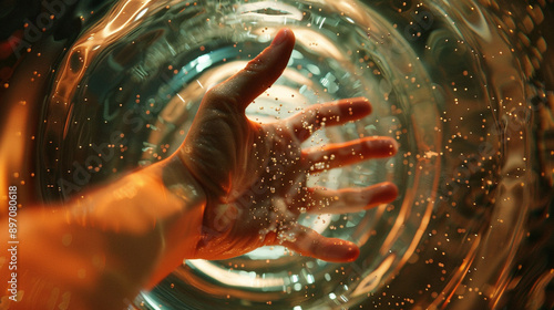 Close-up of a hand reaching through a ripple in space-time photo