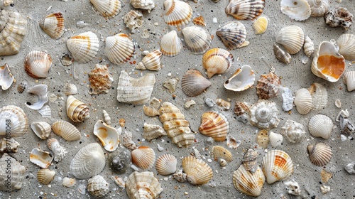 There is a beautiful assortment of seashells laid out elegantly on a solid concrete surface © FryArt