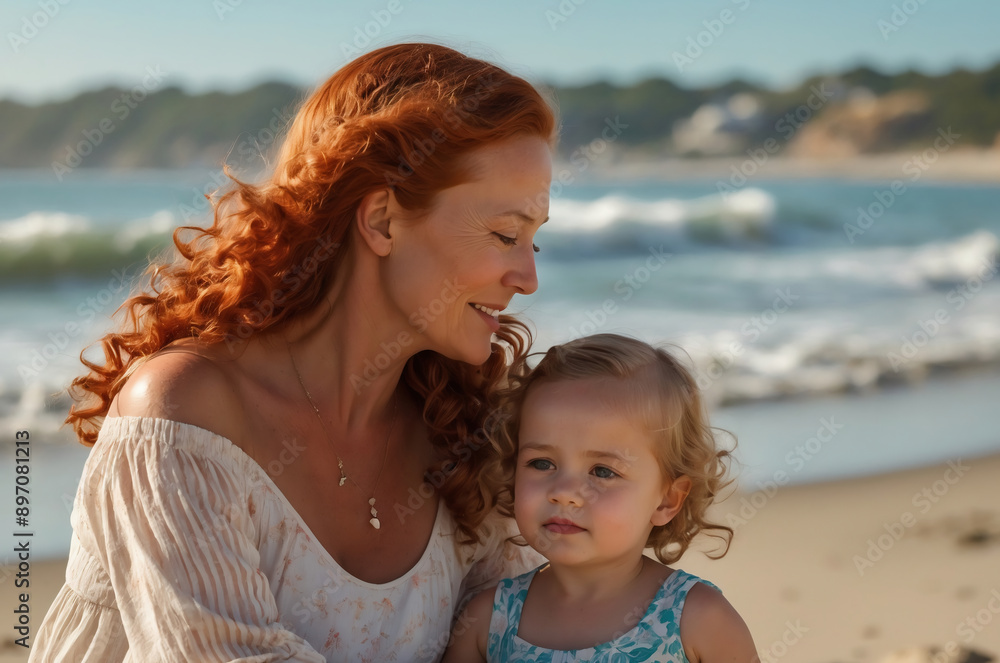Red-haired Mother and Daughter Enjoying a Peaceful Day Together at the Scenic Beach Red-haired Mother and Daughter Enjoying a Peaceful Day Together at the Scenic Beach