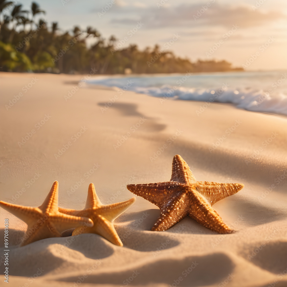 Starfish on the summer beach in sea water. Summer background. Summer time. Starfish on the summer beach in sea water. Summer background. Summer time.