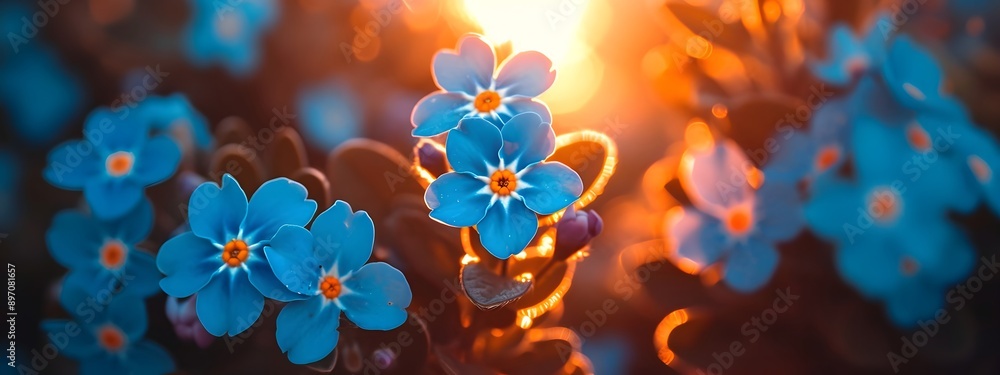 Blue Myosotis or Forget-me-not plants in garden on blurred background. Spring or summer flowers landscape. Floral backdrop for greeting card, banner, wallpaper, poster Blue Myosotis or Forget-me-not plants in garden on blurred background. Spring or summer flowers landscape. Floral backdrop for greeting card, banner, wallpaper, poster