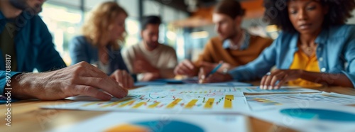 a business team meeting. A diverse group of people are discussing marketing data around a large table with charts and graphs. Natural daylight is casting soft shadows in the office environment. photo