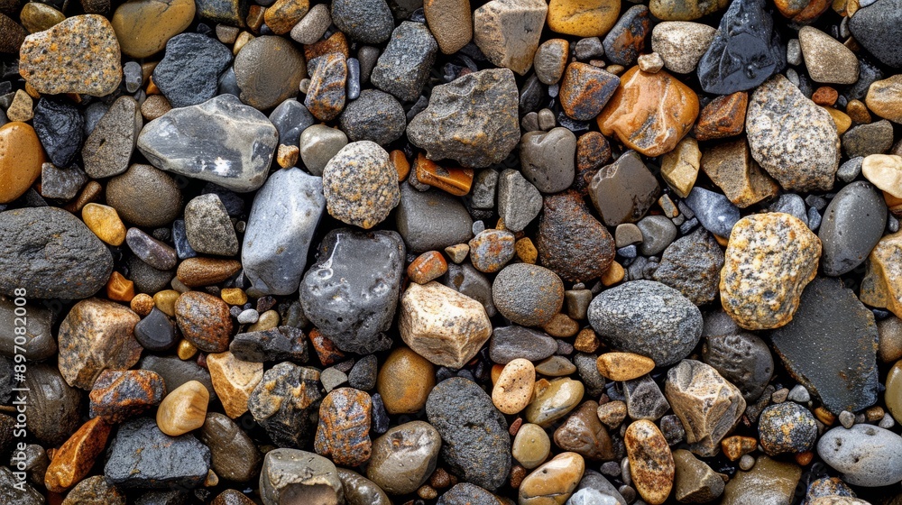 An upclose perspective showcasing the smooth, rounded stones scattered across a scenic gravel beach shore An upclose perspective showcasing the smooth, rounded stones scattered across a scenic gravel beach shore