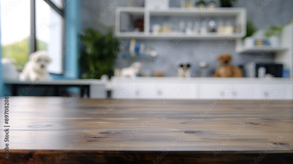 close up of empty wooden table with blurred animal veterinary clinic background close up of empty wooden table with blurred animal veterinary clinic background