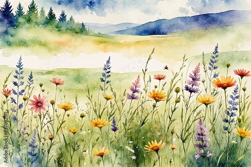 A soothing watercolor of a tranquil meadow with wildflowers with space for text