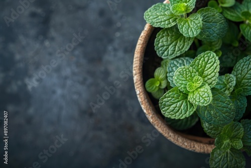 closeup of green mint leaves grow in pot photo