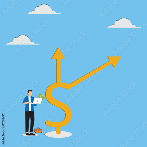 Increased business income or investment dividends with businessman looking at high rising up graph arrow while carrying banknotes