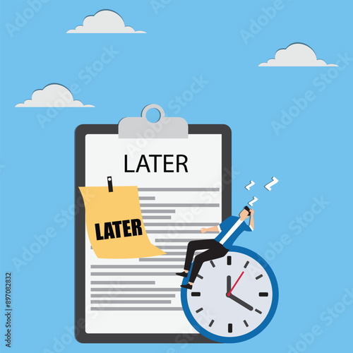 Procrastination or wasting work time with businessman sleeping leaning on an alarm clock with the word later written on paper sticky notes, delaying work or wasting time, laziness to do a task or job