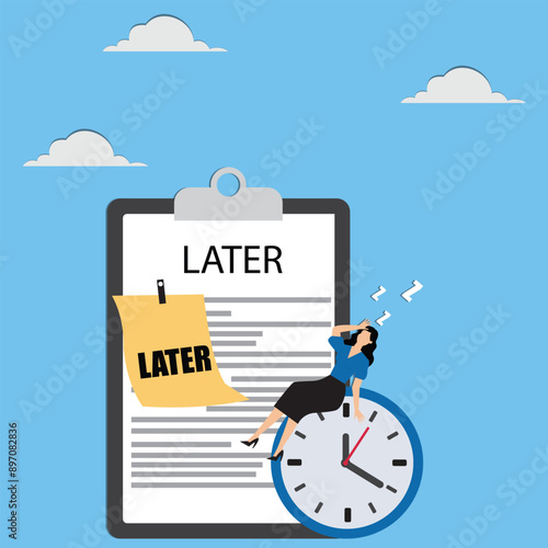 Procrastination or wasting work time with businesswoman sleeping leaning on an alarm clock with the word later written on paper sticky notes, delaying work or wasting time, laziness to do a task or jo