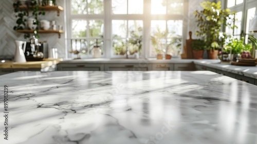 White Marble Kitchen Countertop with Sunbeams and Blurred Background
