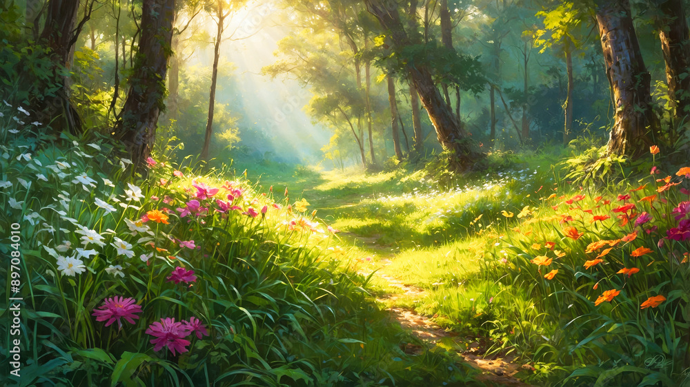 Fototapeta premium Beautiful green grass with colorful flowers in the sunlight